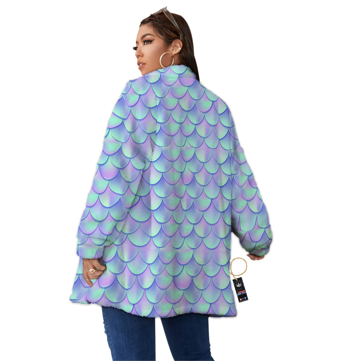Holographic Mermaid Tail Print Pattern Women's Sherpa Jacket-grizzshop