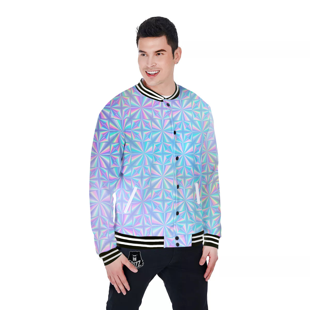 Holographic Paper Texture Print Baseball Jacket-grizzshop