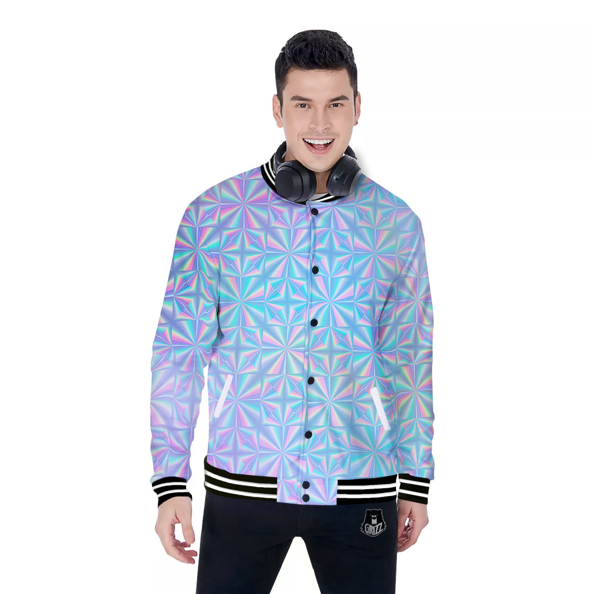Holographic Paper Texture Print Baseball Jacket-grizzshop