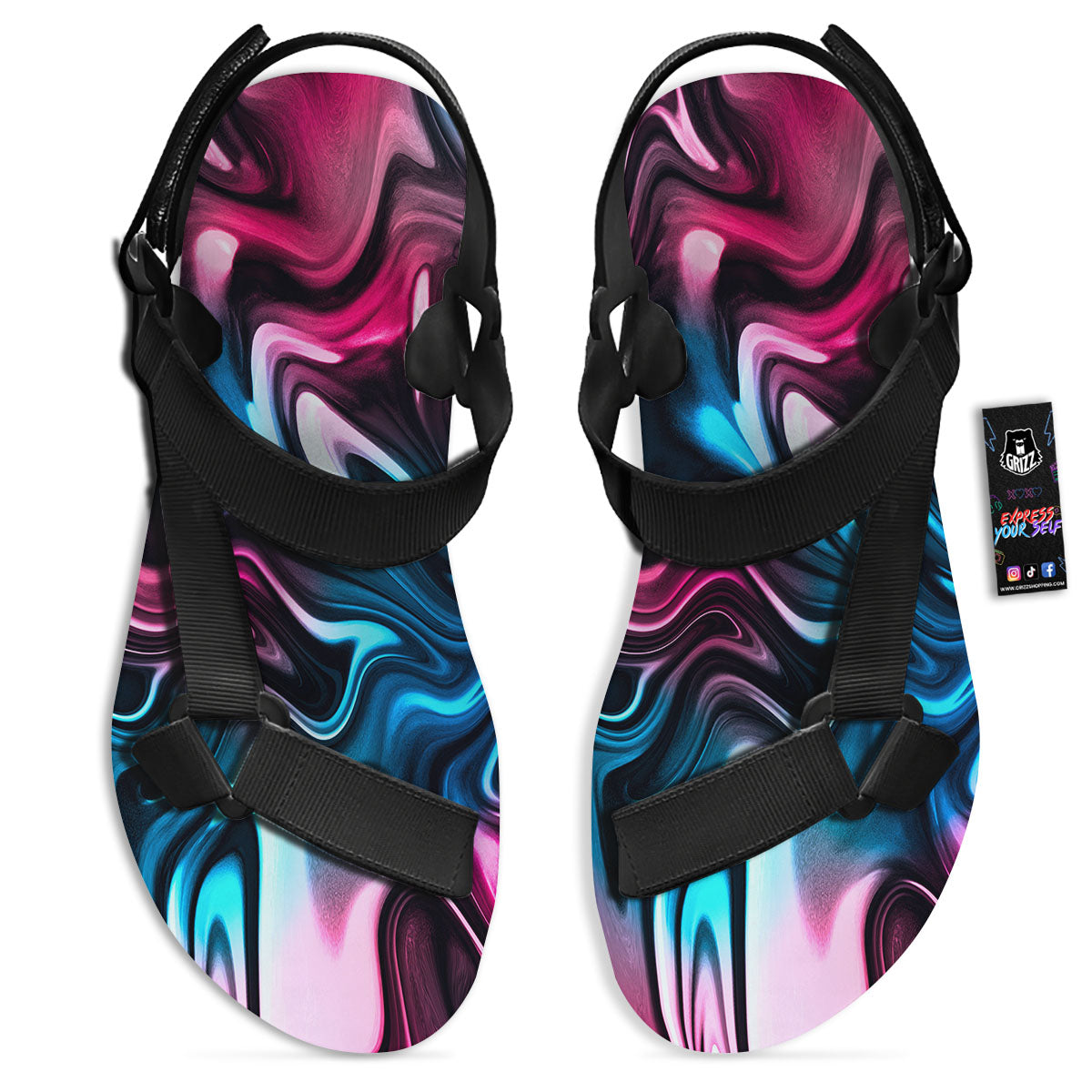 Holographic Psychedelic Print Pattern Black Open Toe Sandals-grizzshop