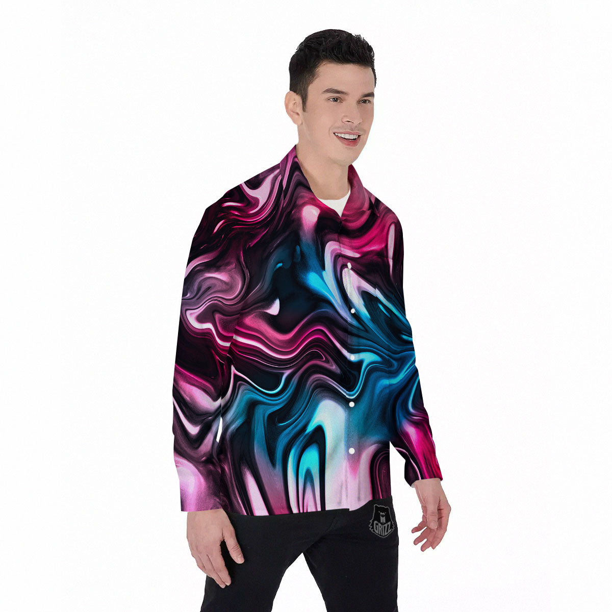 Holographic Psychedelic Print Pattern Men's Long Sleeve Shirts-grizzshop
