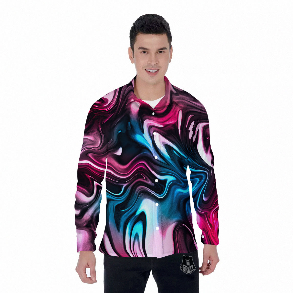 Holographic Psychedelic Print Pattern Men's Long Sleeve Shirts-grizzshop