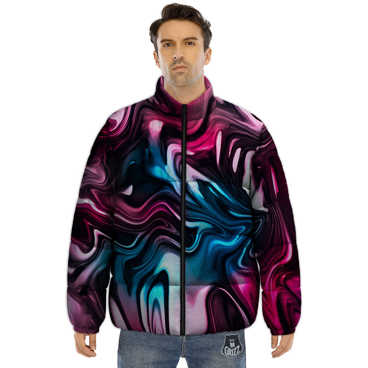 Holographic Psychedelic Print Pattern Puffer Jacket-grizzshop
