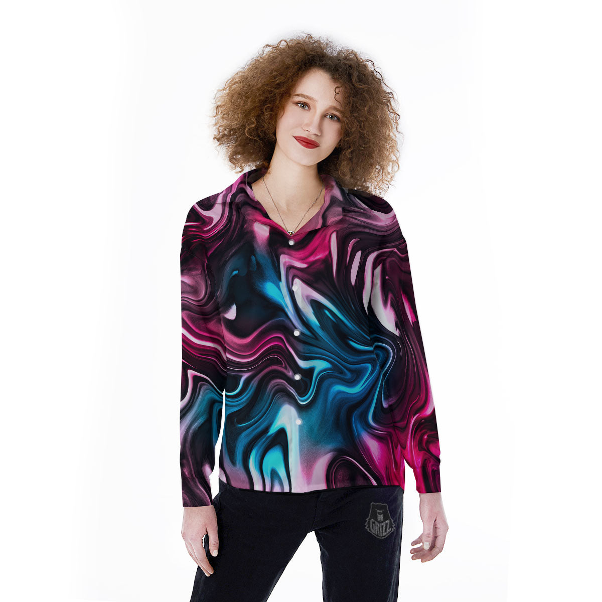 Holographic Psychedelic Print Pattern Women's Long Sleeve Shirts-grizzshop