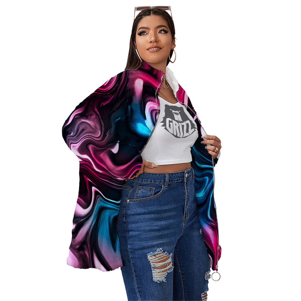 Holographic Psychedelic Print Pattern Women's Sherpa Jacket-grizzshop