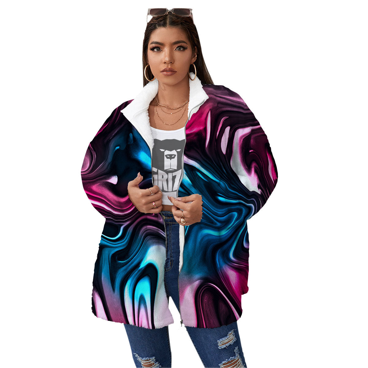 Holographic Psychedelic Print Pattern Women's Sherpa Jacket-grizzshop