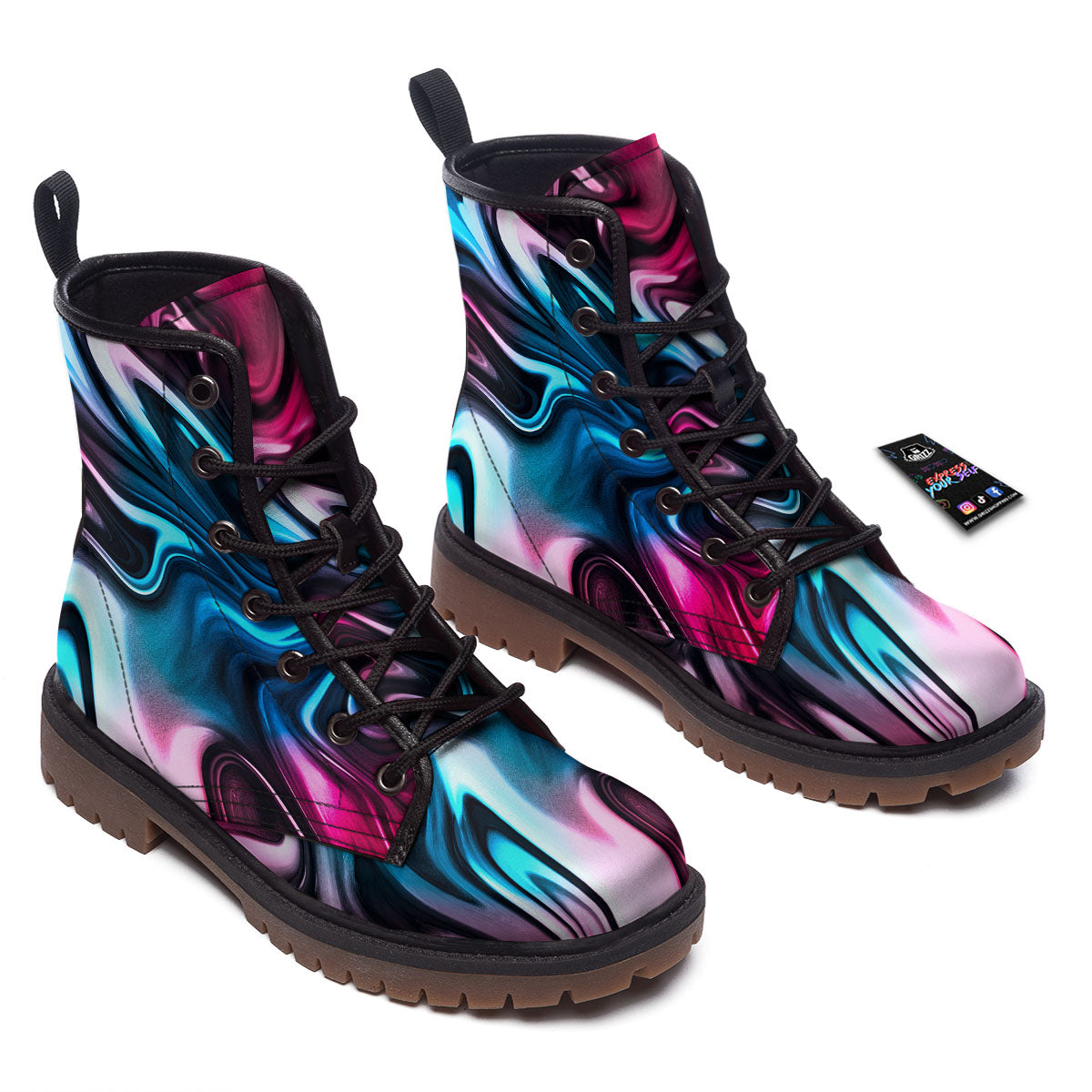 Holographic Psychedelic Print Pattern Work Boots-grizzshop