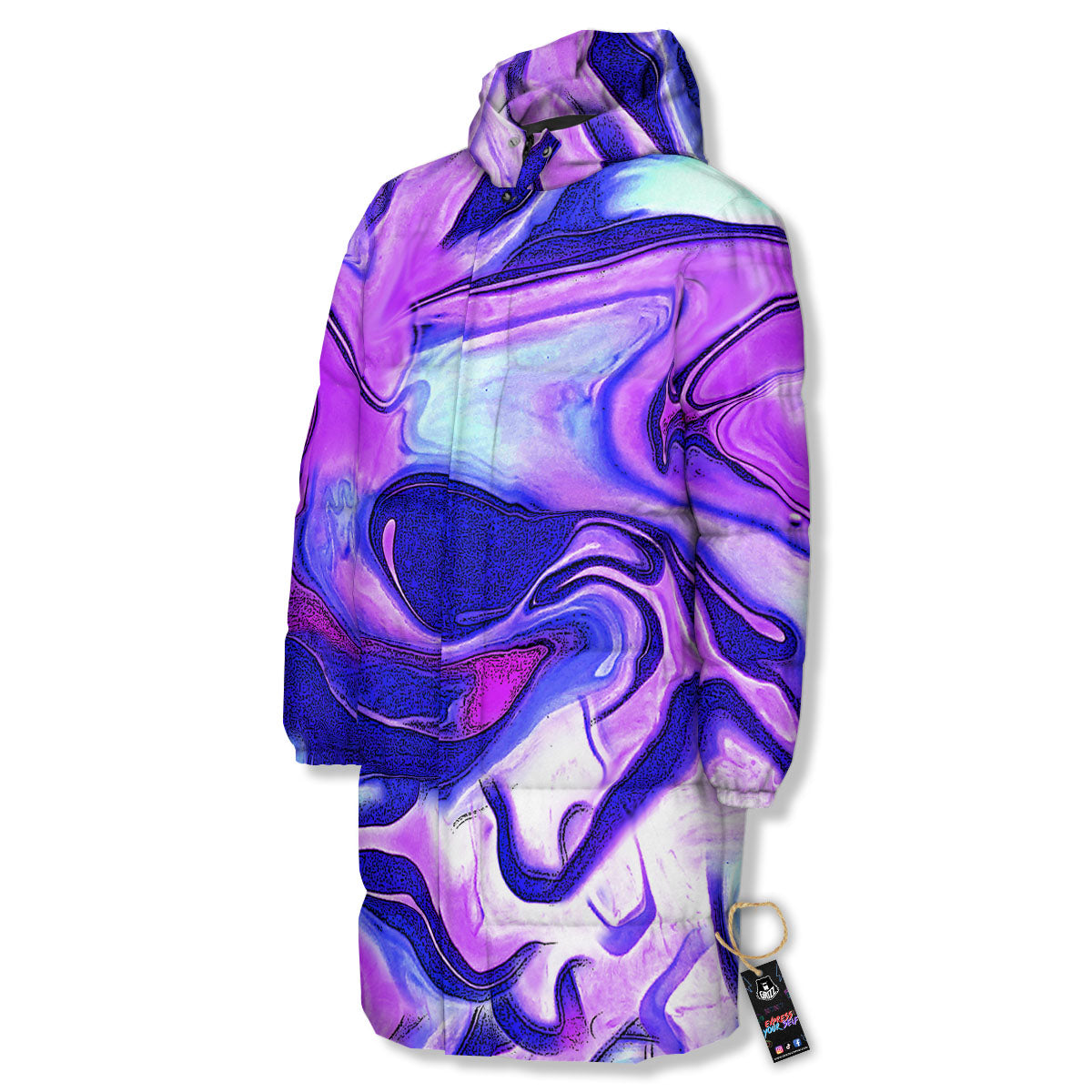 Holographic Purple Print Pattern Long Down Jacket-grizzshop