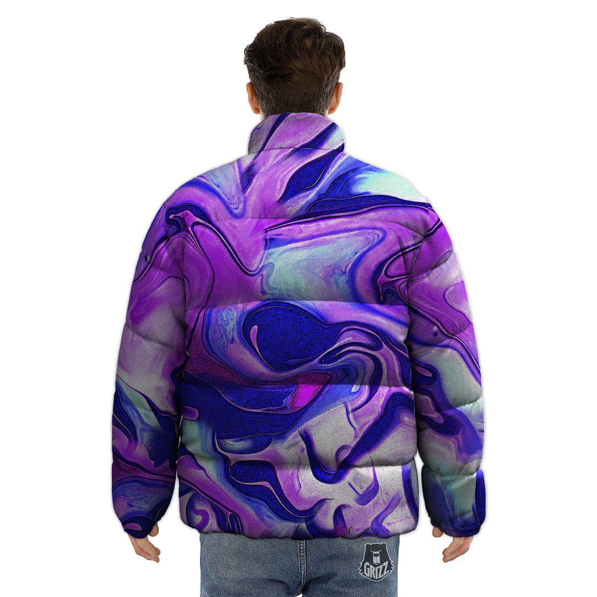 Holographic Purple Print Pattern Puffer Jacket-grizzshop