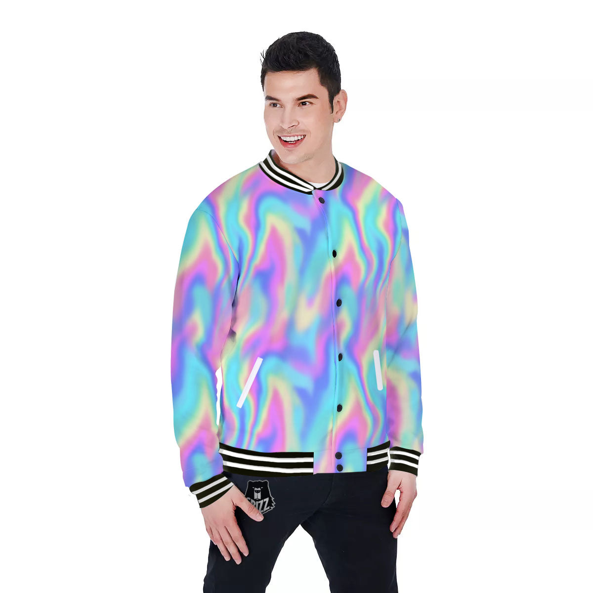 Holographic Rainbow Print Pattern Baseball Jacket-grizzshop