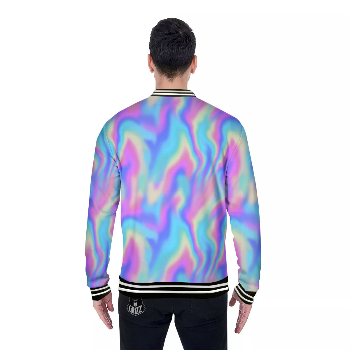 Holographic Rainbow Print Pattern Baseball Jacket-grizzshop