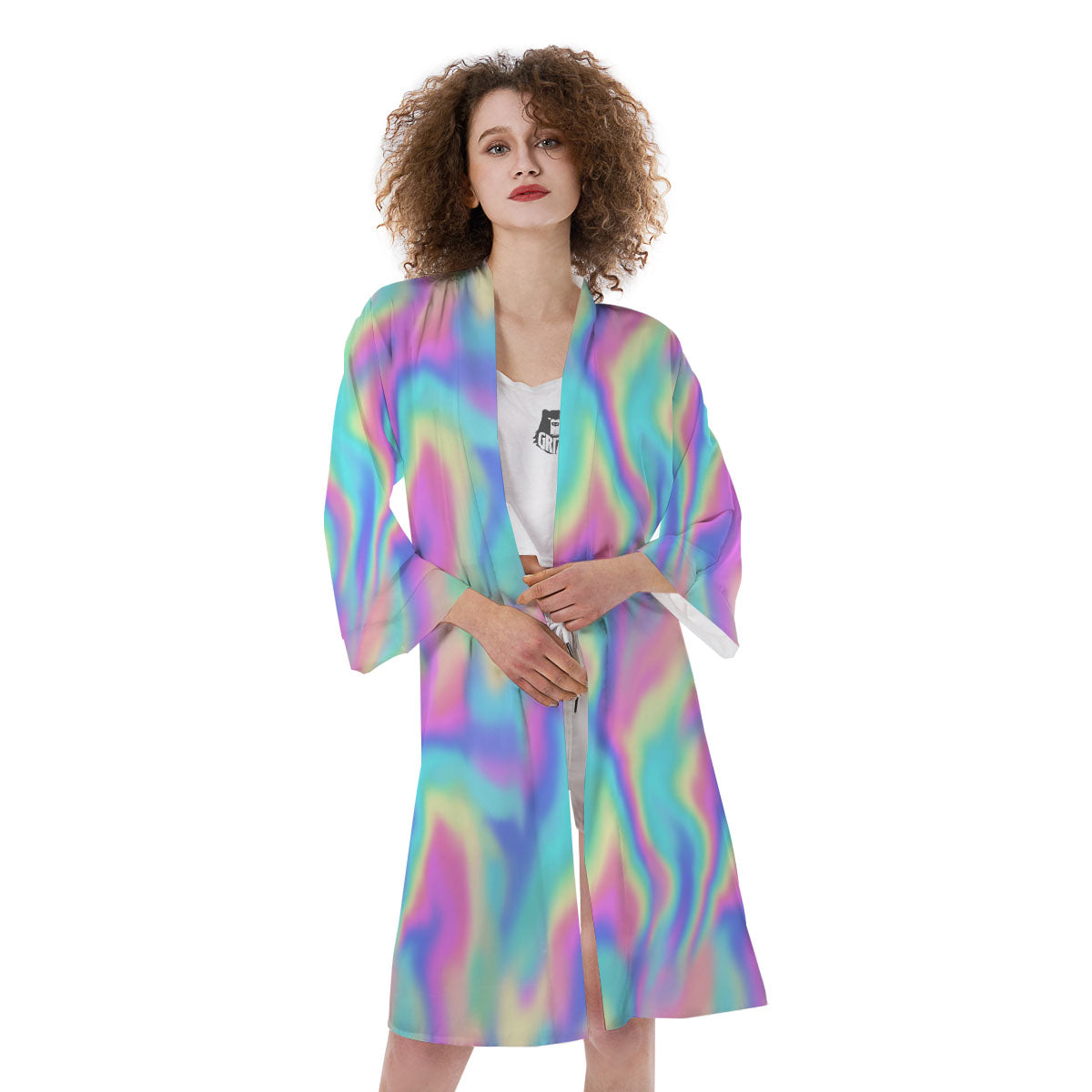 Holographic Rainbow Print Pattern Kimono-grizzshop
