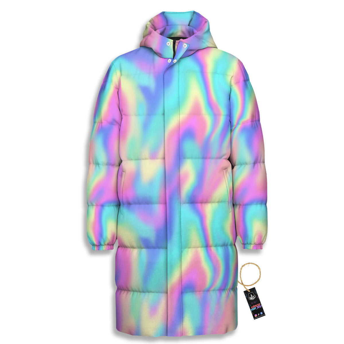 Holographic Rainbow Print Pattern Long Down Jacket-grizzshop