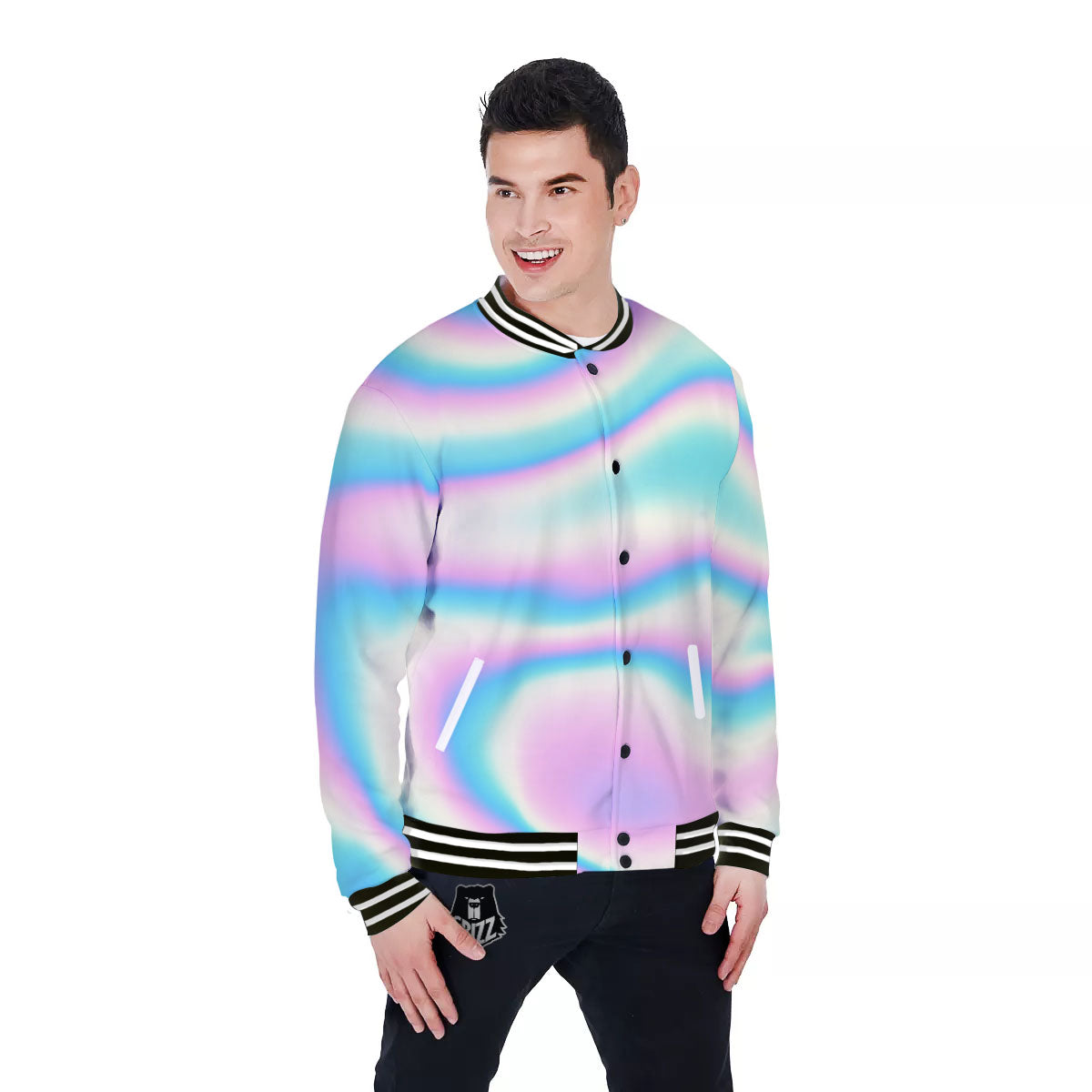 Holographic Teal And Pink Print Baseball Jacket-grizzshop