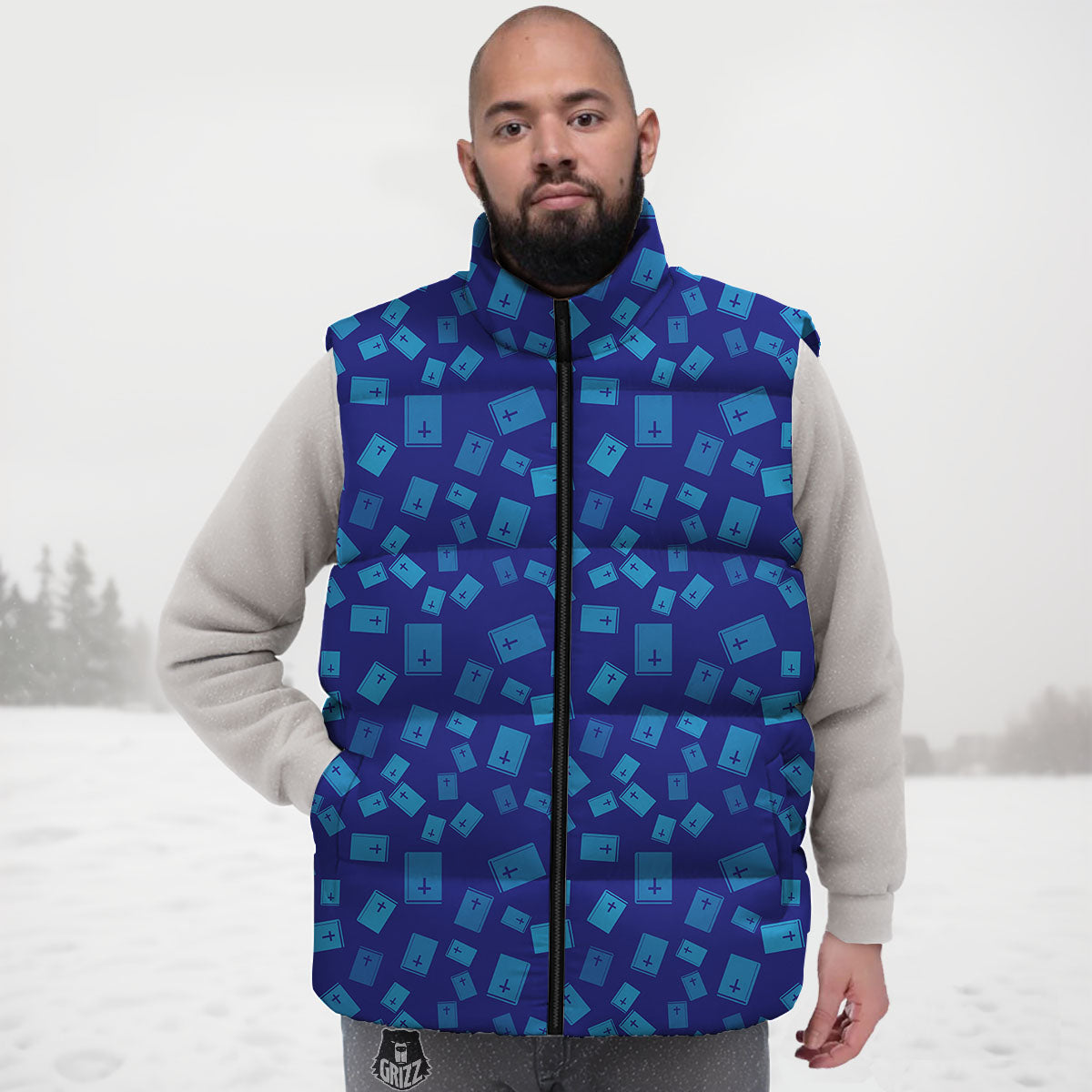 Holy Bible Blue Print Pattern Down Vest