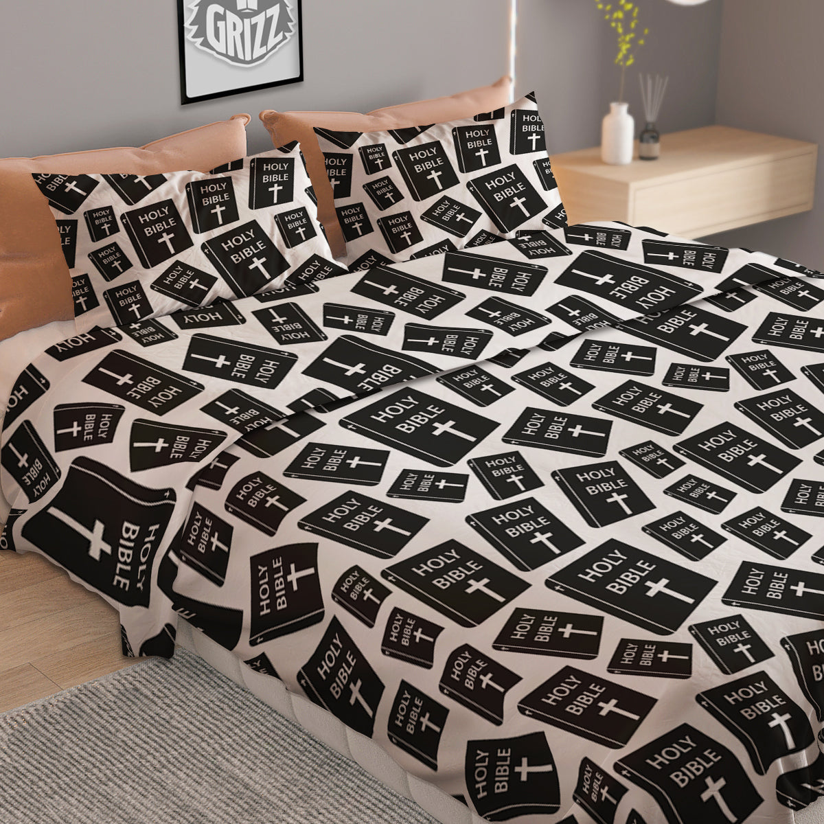 Holy Bible Christian Black Print Pattern Duvet Cover Bedding Set