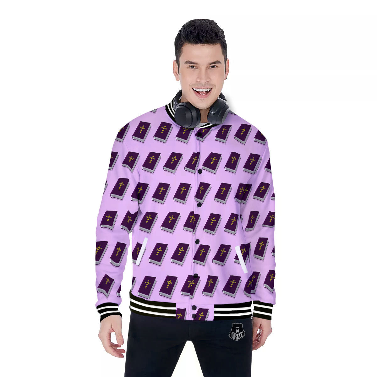 Holy Bible Purple Print Pattern Baseball Jacket-grizzshop