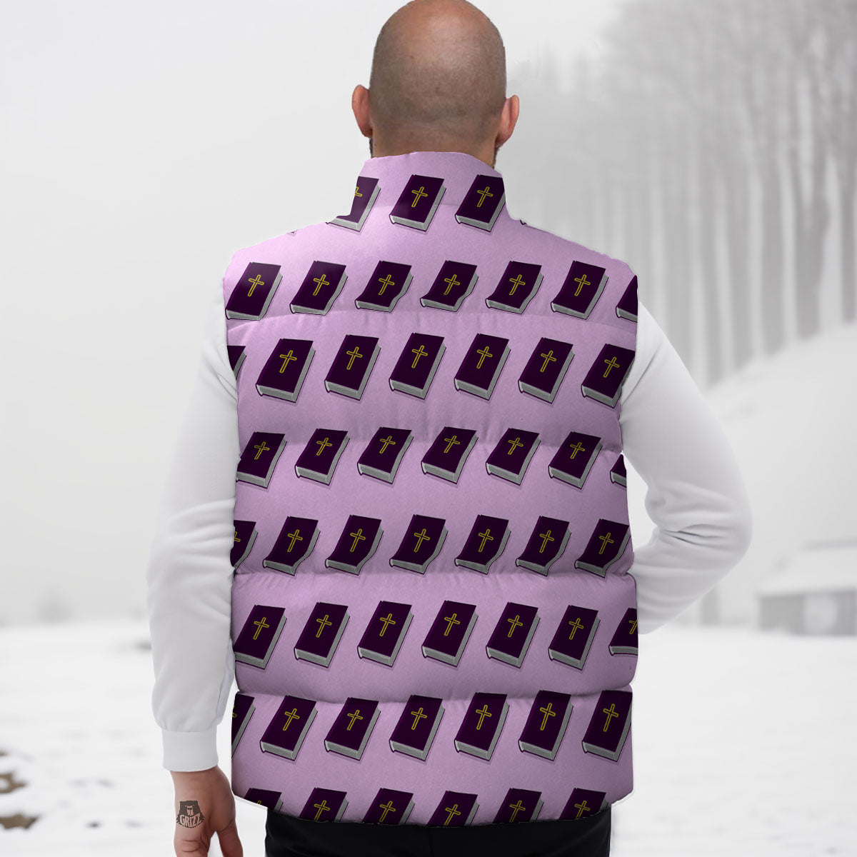 Holy Bible Purple Print Pattern Down Vest