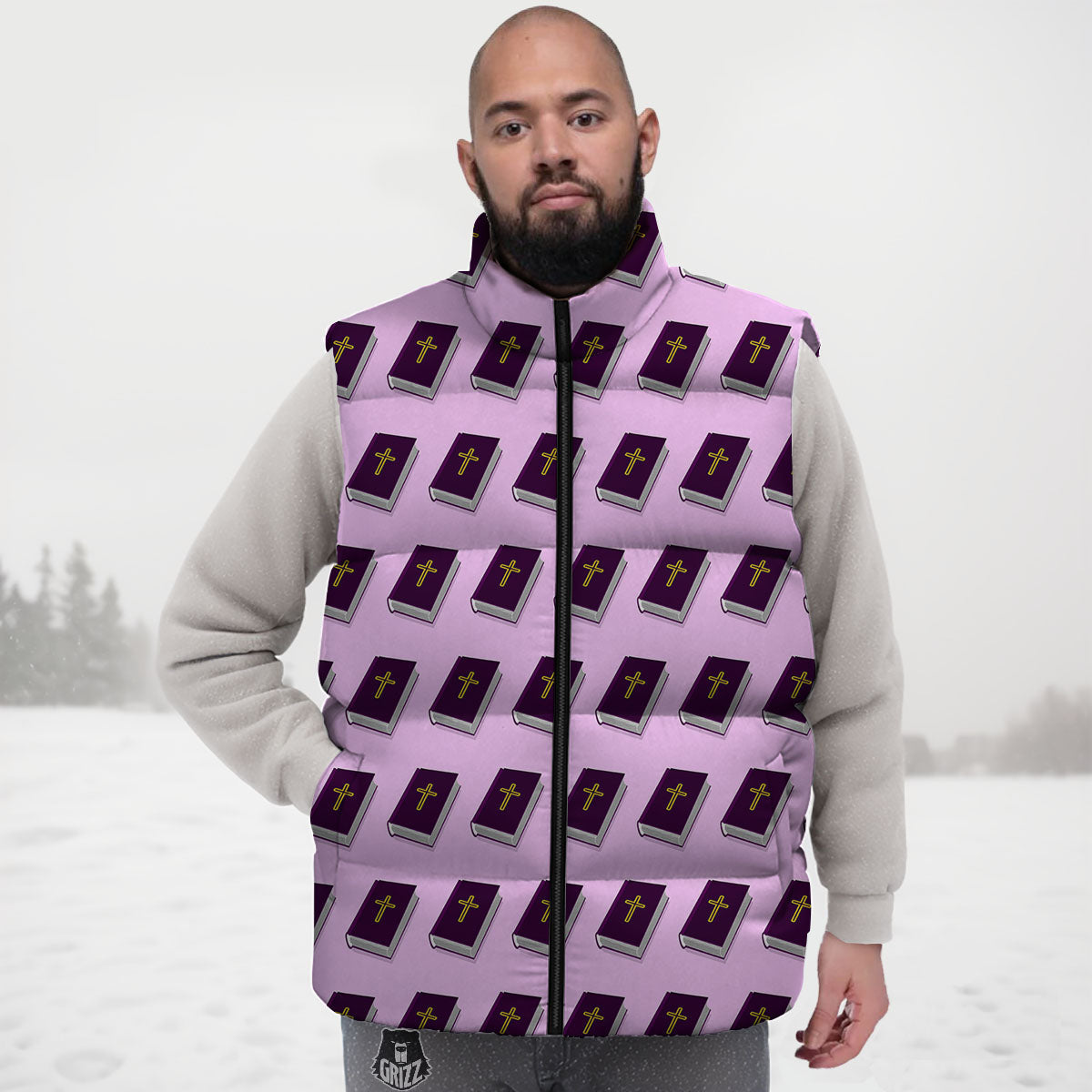 Holy Bible Purple Print Pattern Down Vest