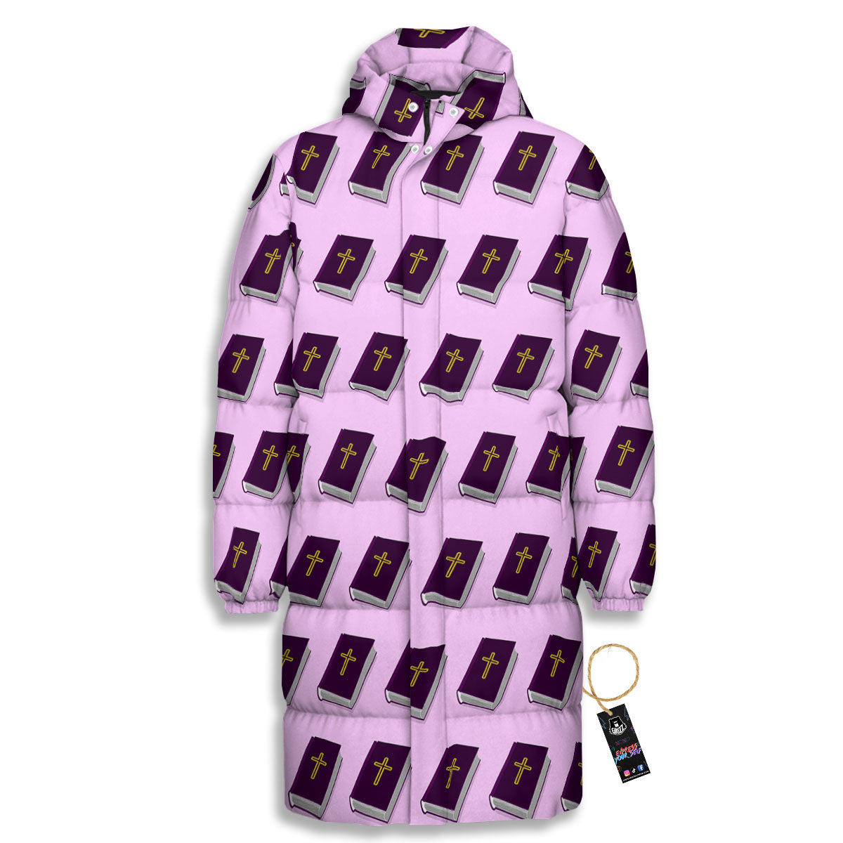Holy Bible Purple Print Pattern Long Down Jacket-grizzshop