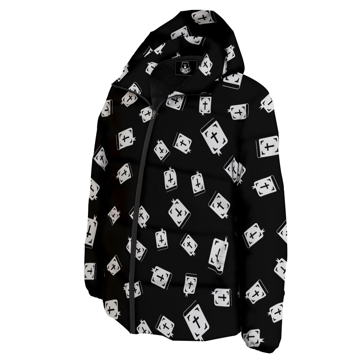 Holy Bible White And Black Print Pattern Down Jacket-grizzshop