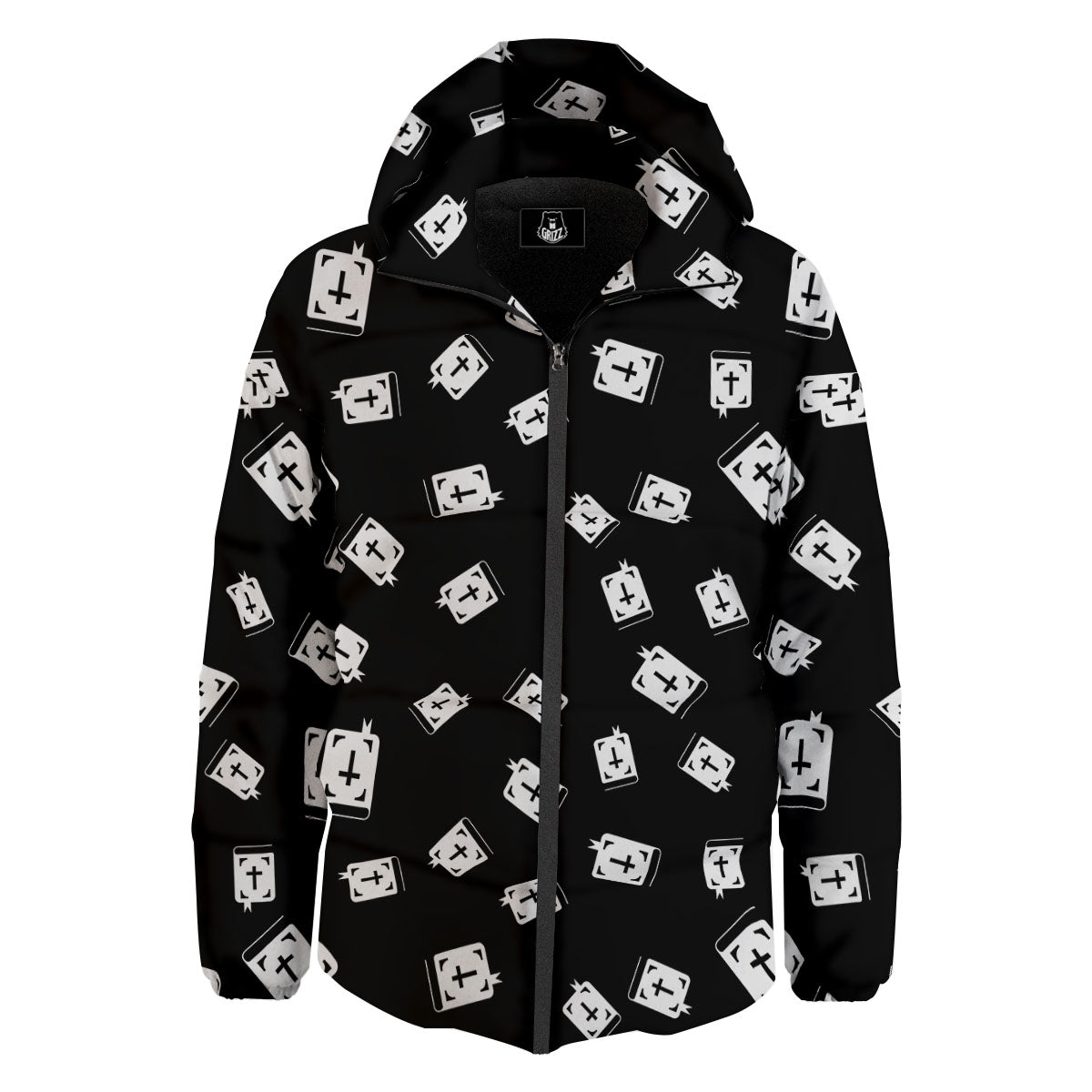 Holy Bible White And Black Print Pattern Down Jacket-grizzshop