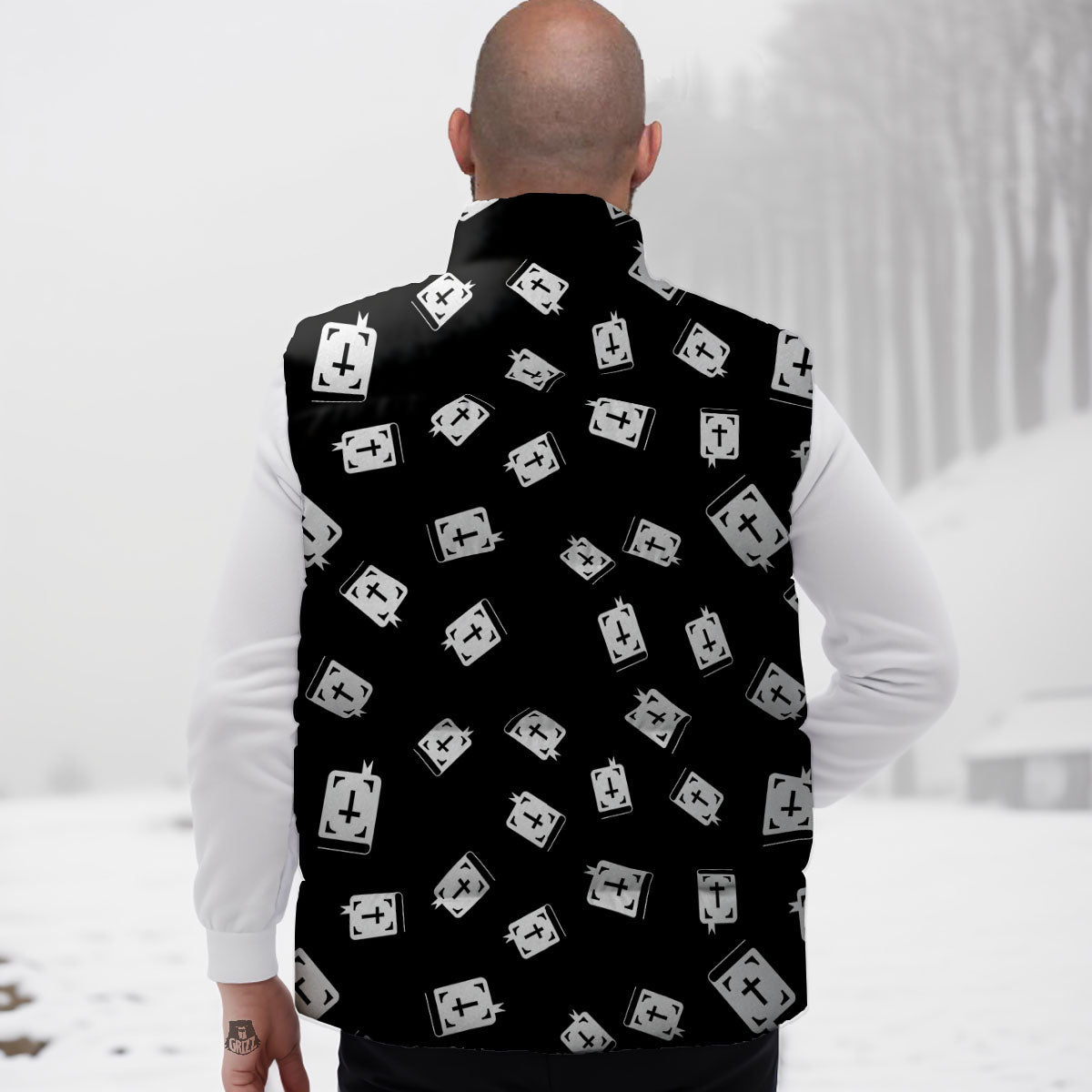 Holy Bible White And Black Print Pattern Down Vest