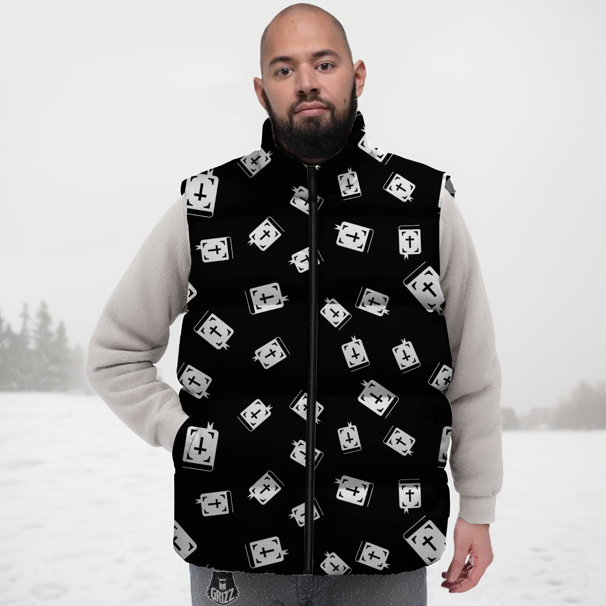 Holy Bible White And Black Print Pattern Down Vest