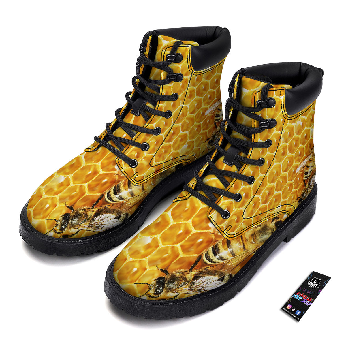 Honeycomb And Bees Print Boots-grizzshop