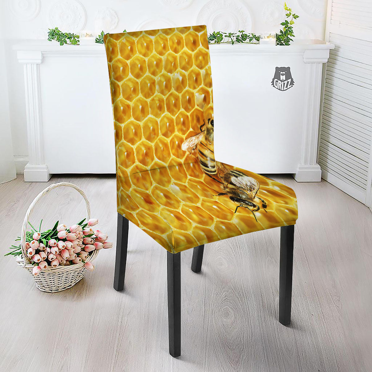 Honeycomb And Bees Print Dining Chair Slipcover-grizzshop