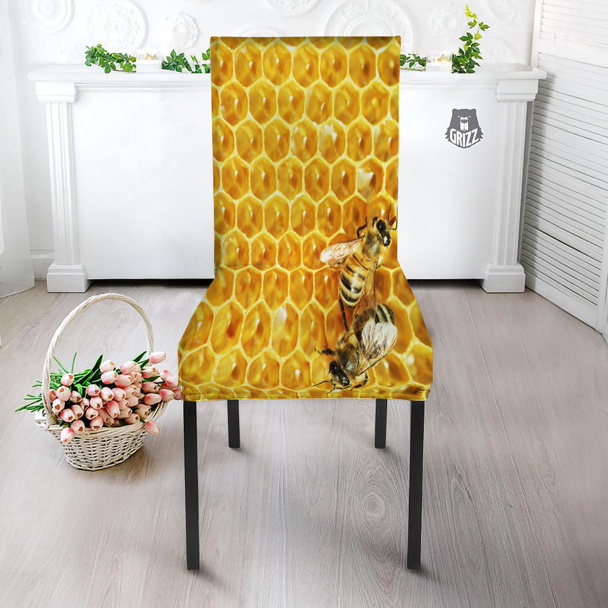 Honeycomb And Bees Print Dining Chair Slipcover-grizzshop