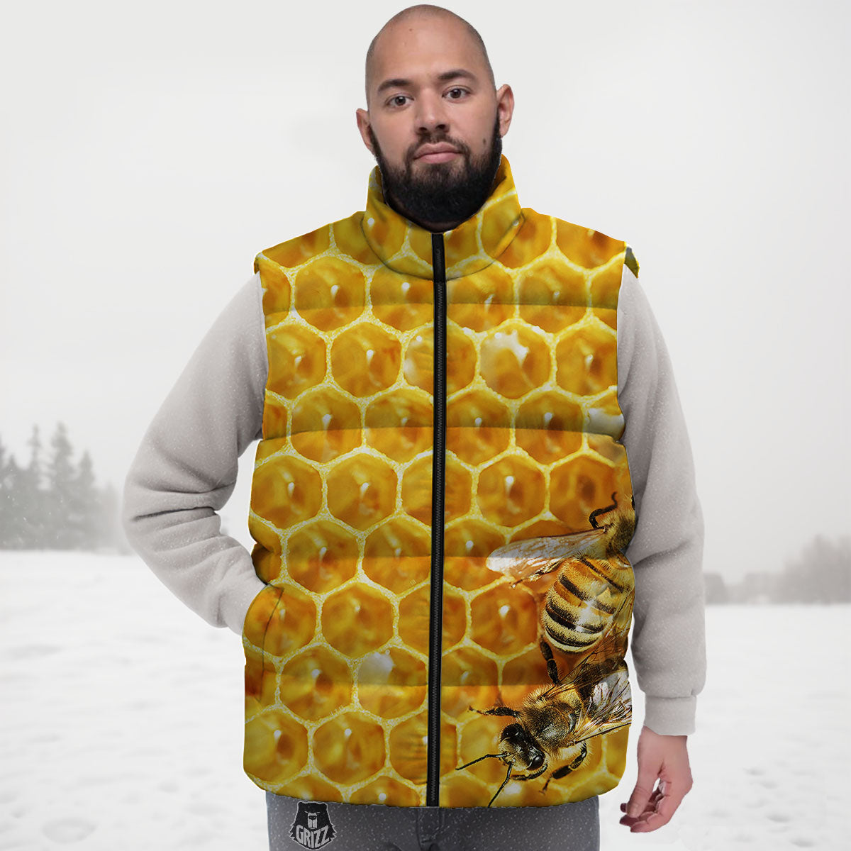 Honeycomb And Bees Print Down Vest