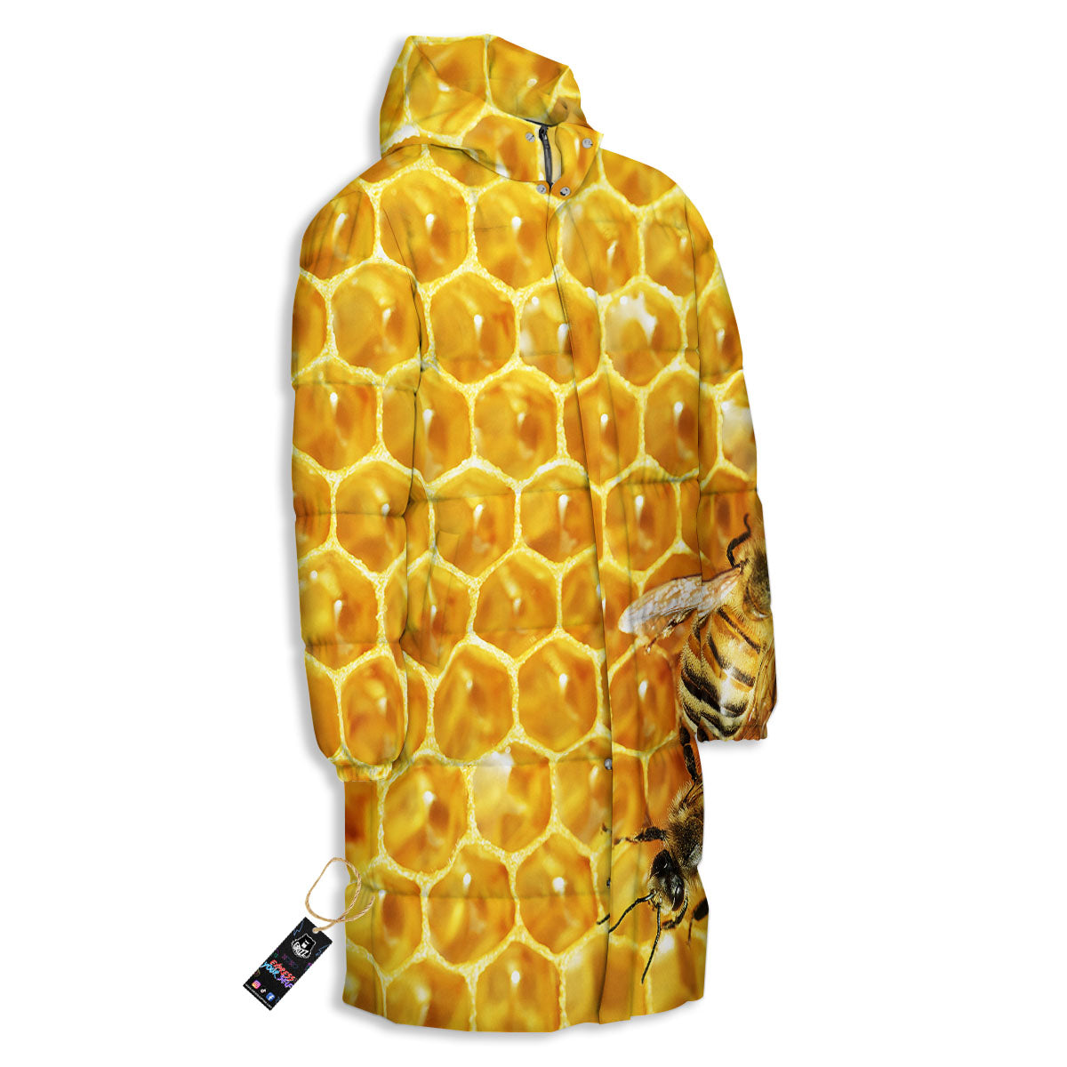 Honeycomb And Bees Print Long Down Jacket-grizzshop
