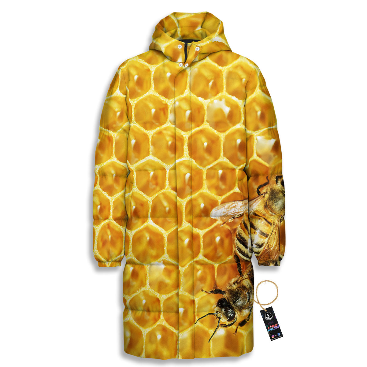 Honeycomb And Bees Print Long Down Jacket-grizzshop