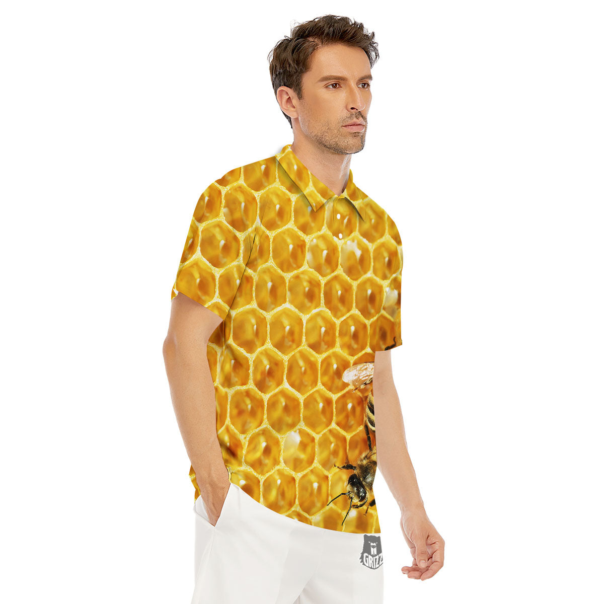 Honeycomb And Bees Print Men's Golf Shirts-grizzshop