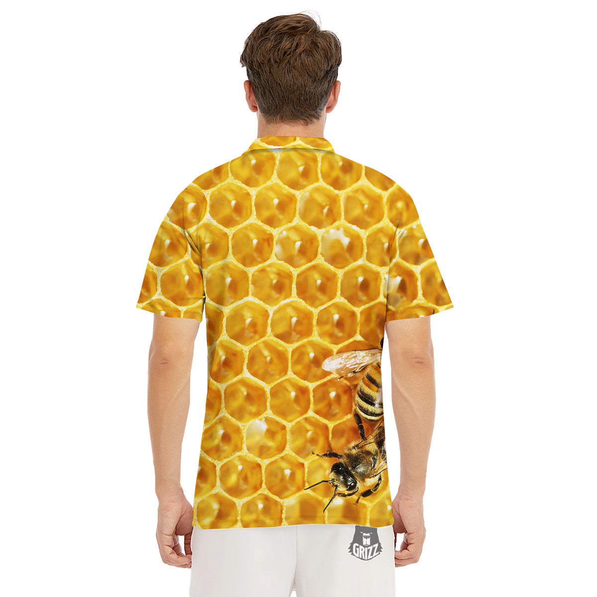Honeycomb And Bees Print Men's Golf Shirts-grizzshop