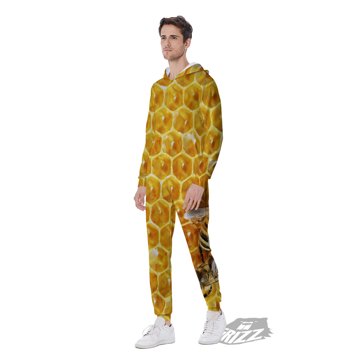Honeycomb And Bees Print Men's Jumpsuit-grizzshop
