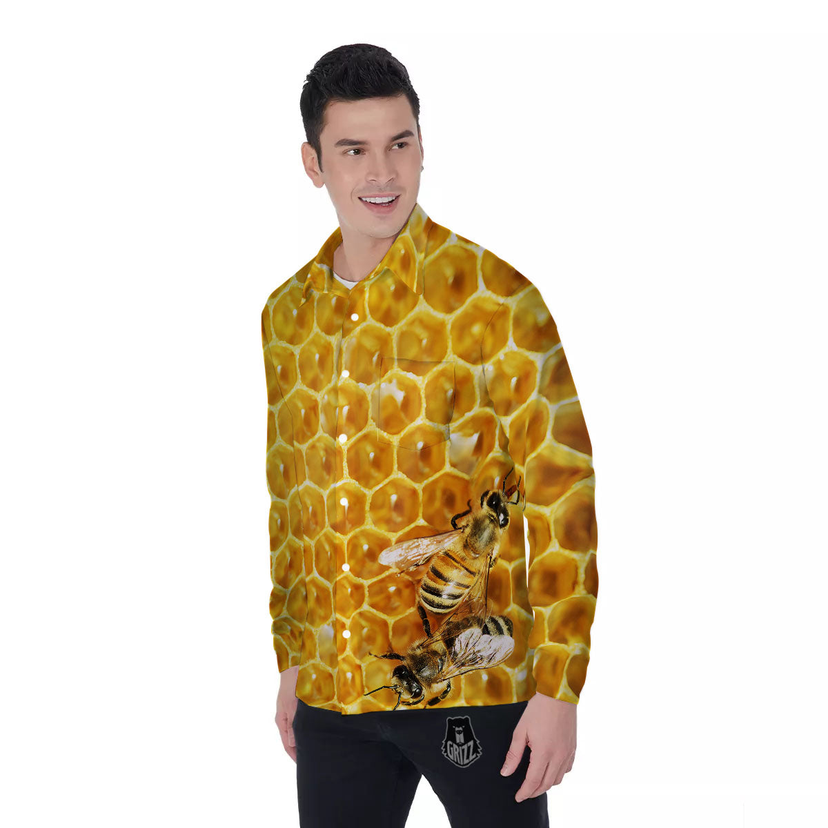 Honeycomb And Bees Print Men's Long Sleeve Shirts-grizzshop