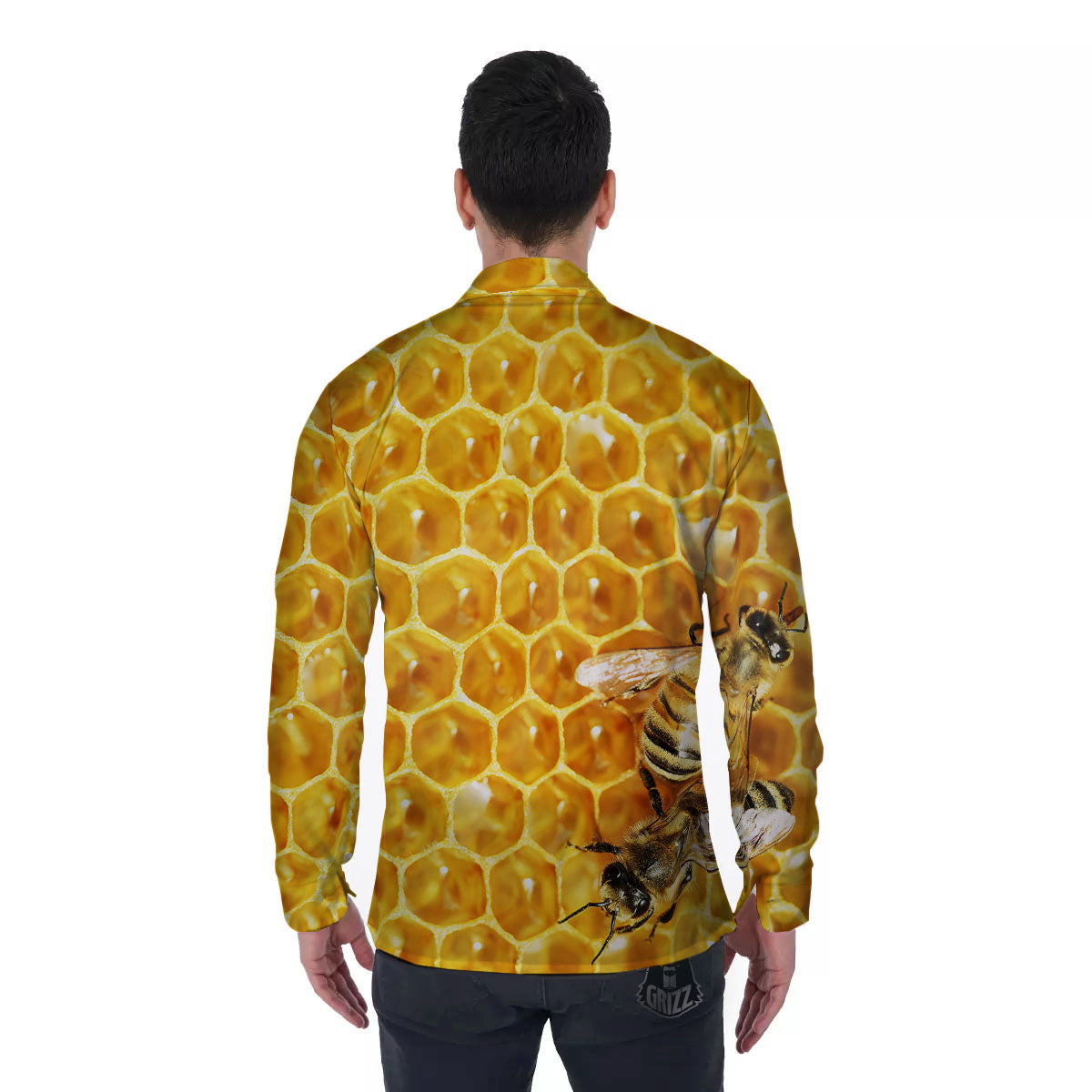 Honeycomb And Bees Print Men's Long Sleeve Shirts-grizzshop