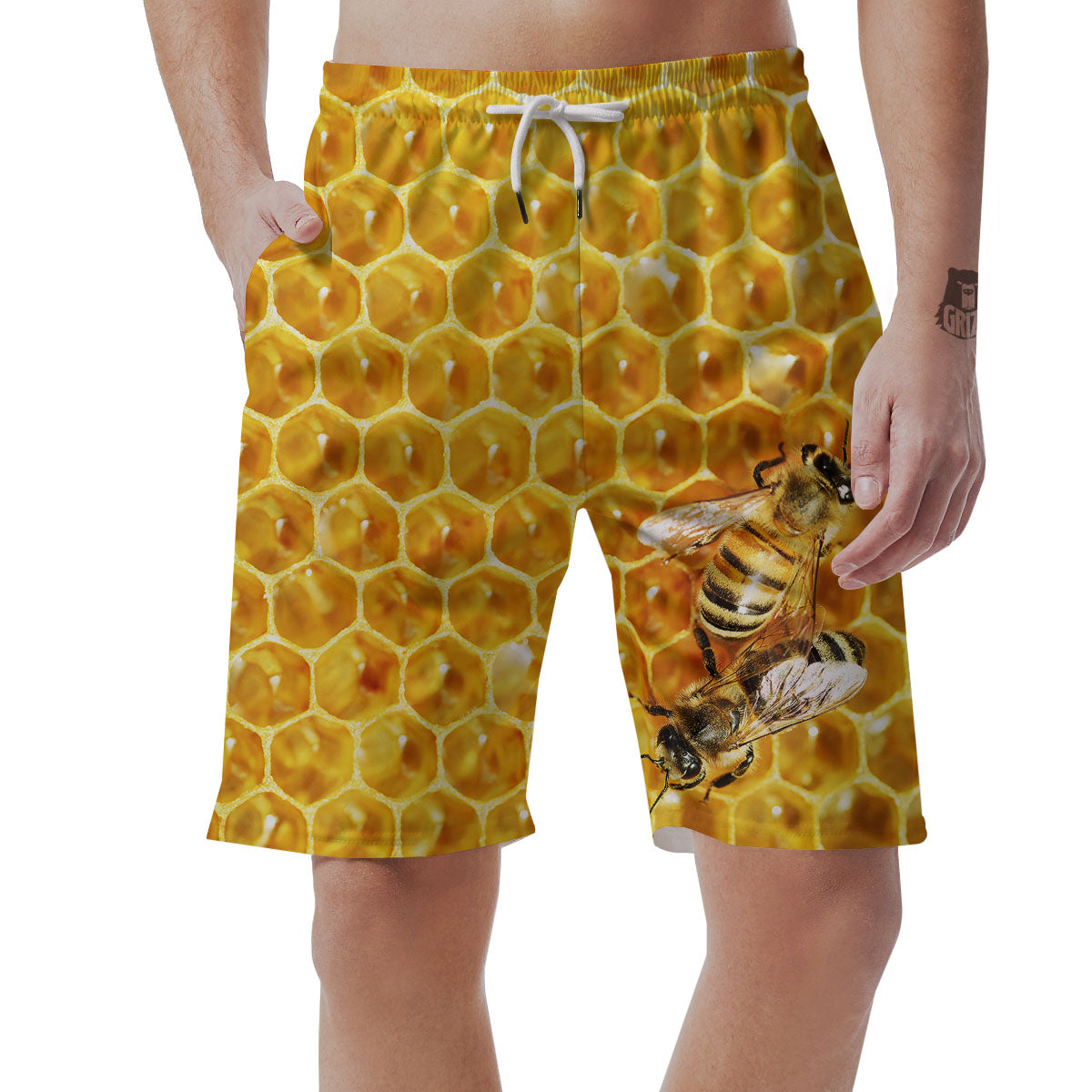 Honeycomb And Bees Print Men's Shorts-grizzshop