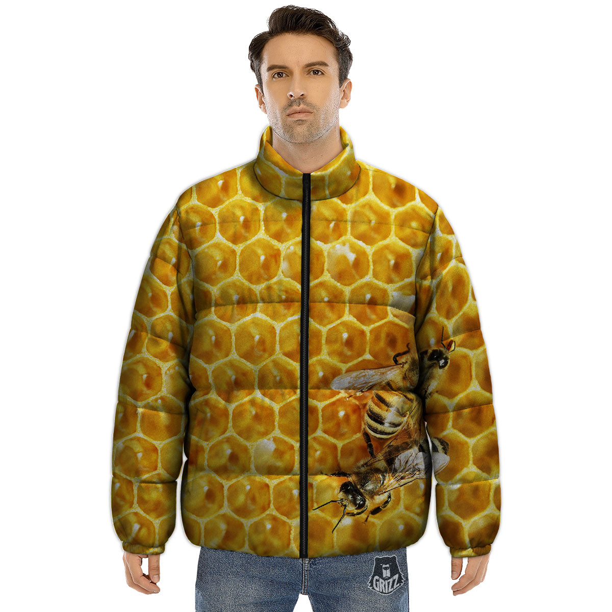 Honeycomb And Bees Print Puffer Jacket-grizzshop