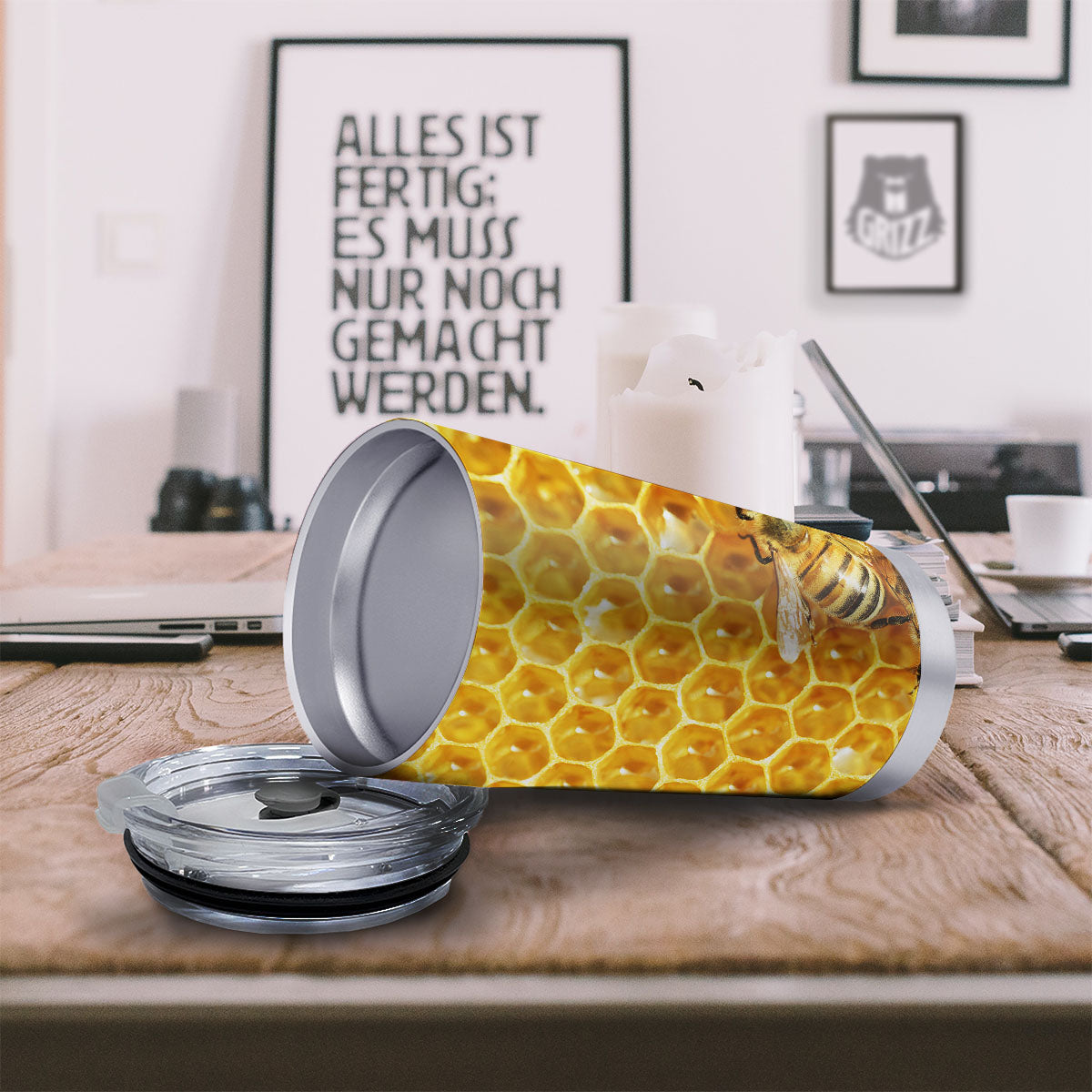Honeycomb And Bees Print Tumbler-grizzshop