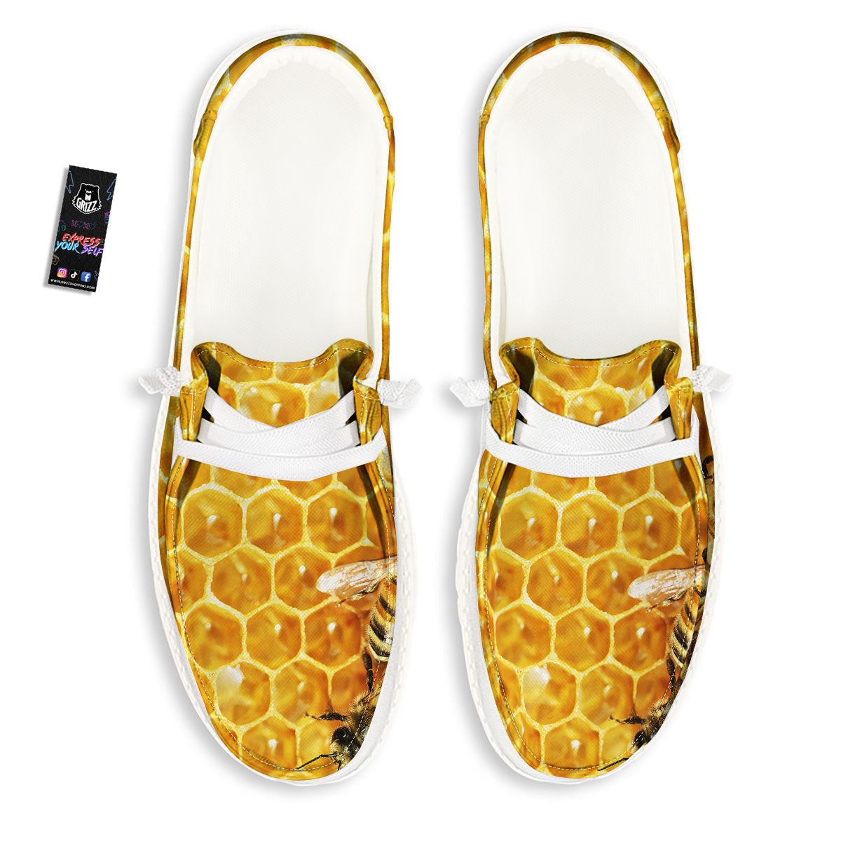 Honeycomb And Bees Print White Loafers-grizzshop