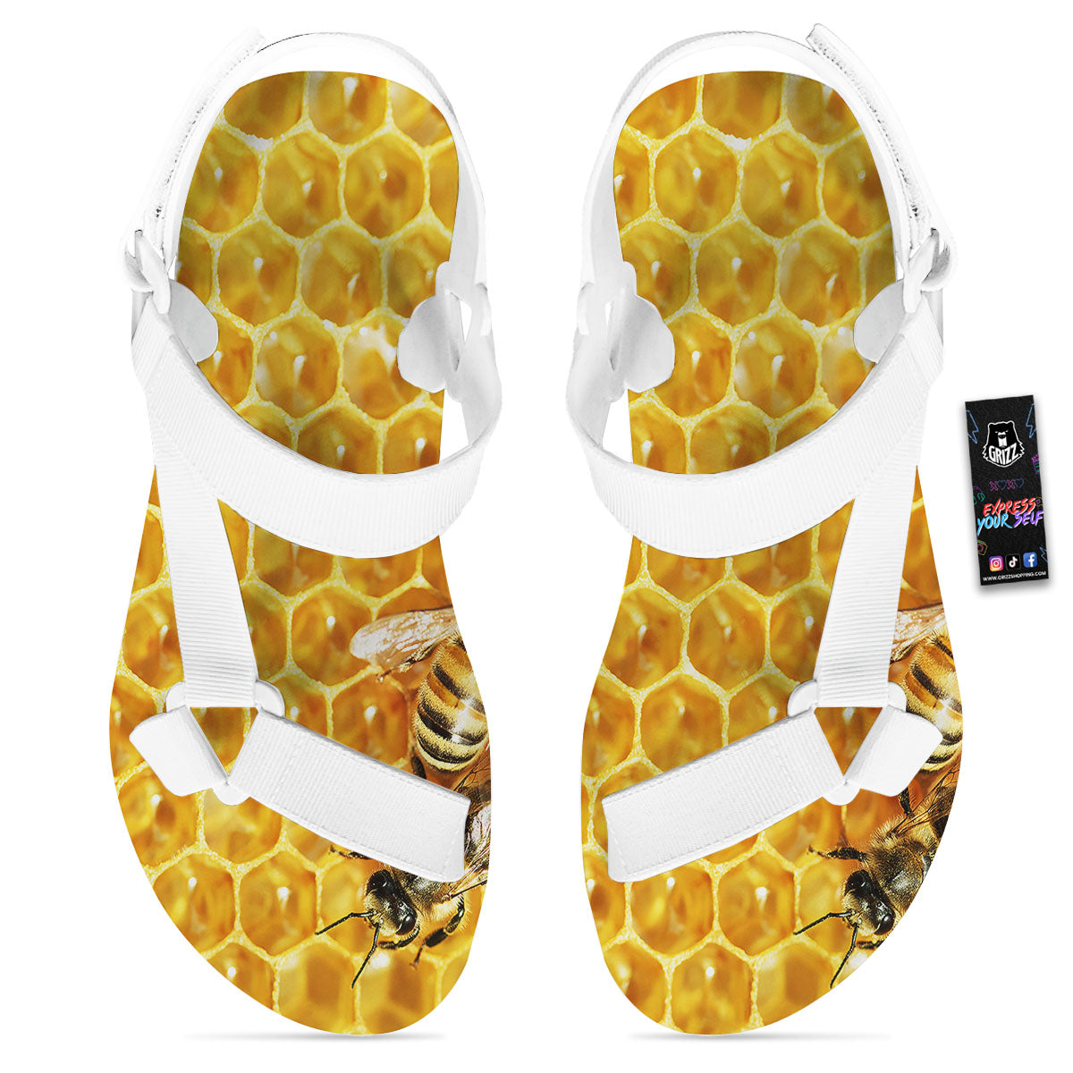 Honeycomb And Bees Print White Open Toe Sandals-grizzshop