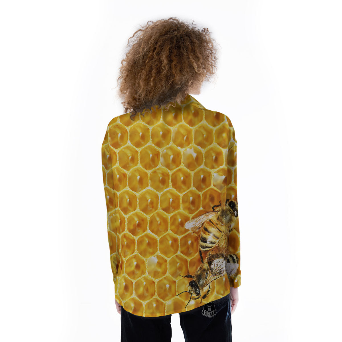 Honeycomb And Bees Print Women's Long Sleeve Shirts-grizzshop