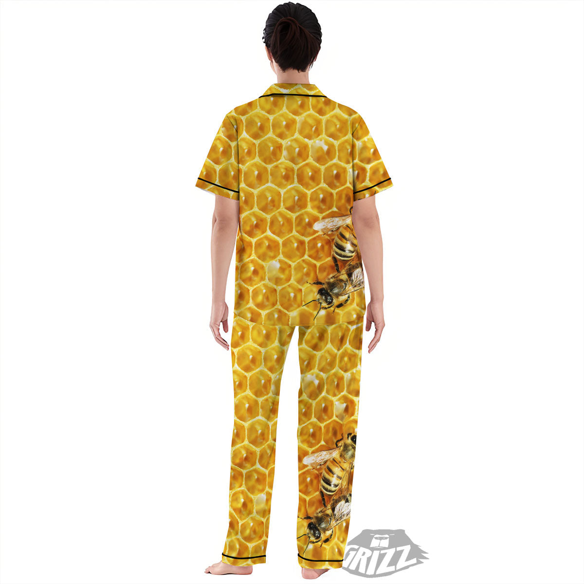 Honeycomb And Bees Print Women's Pajamas Set-grizzshop