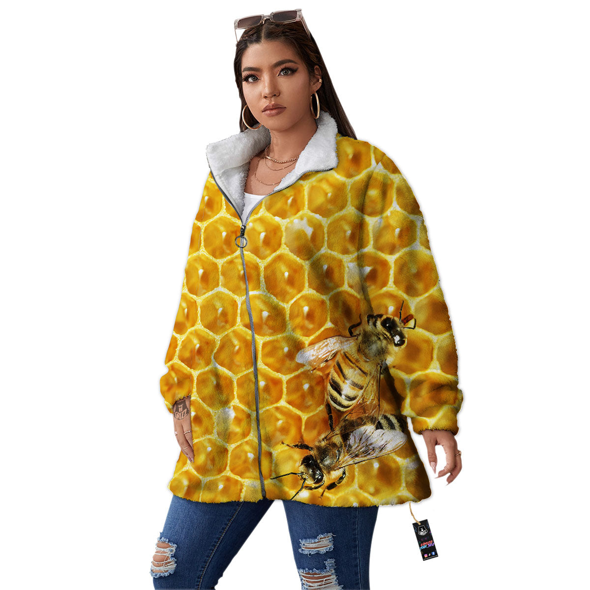 Honeycomb And Bees Print Women's Sherpa Jacket-grizzshop