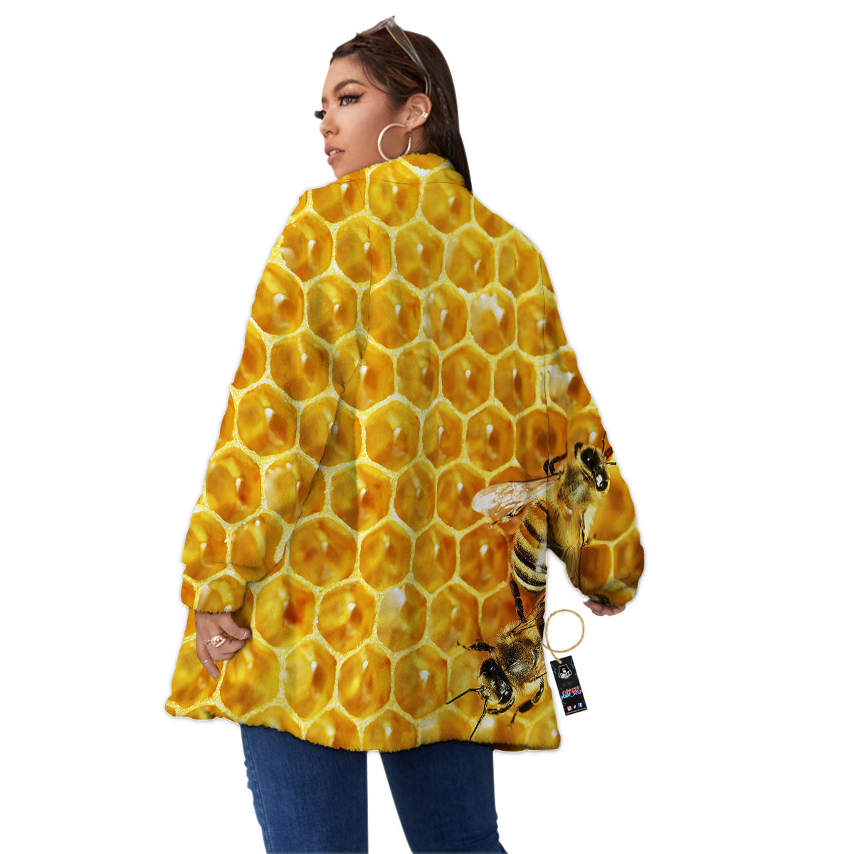 Honeycomb And Bees Print Women's Sherpa Jacket-grizzshop