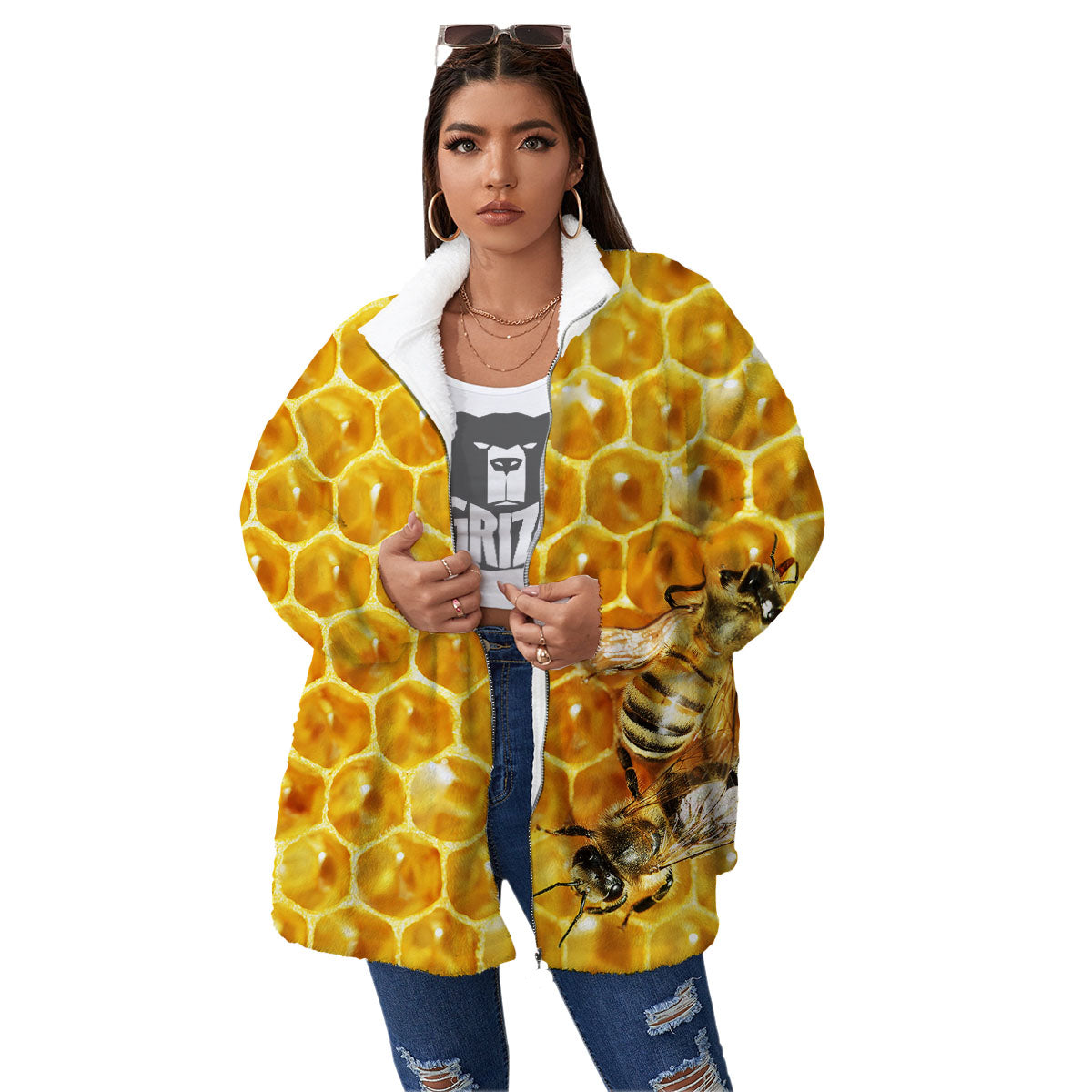 Honeycomb And Bees Print Women's Sherpa Jacket-grizzshop