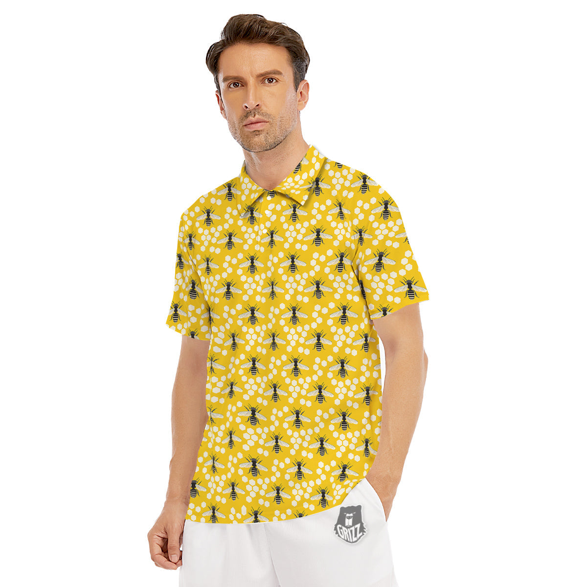 Honeycomb Bee Print Pattern Men's Golf Shirts-grizzshop